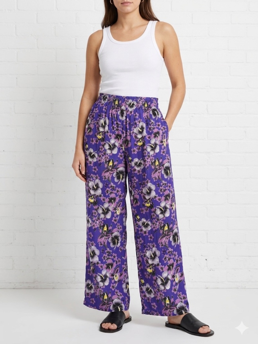 United Colors Of Benetton Purple Floral Wide Leg Pull‎ On Pants Boho Cottage